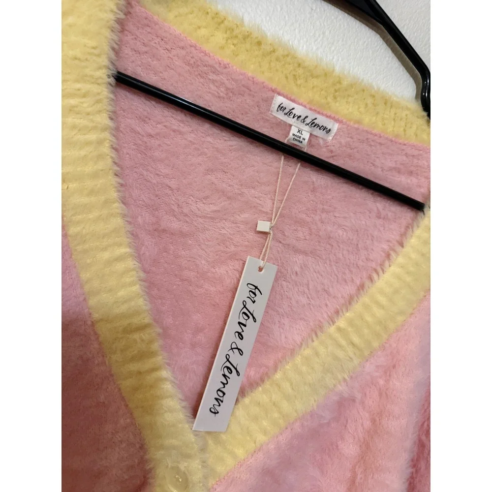 For Love & Lemons Sheila Cropped Cardigan Pink Yellow Size XL NWT $135 MSRP